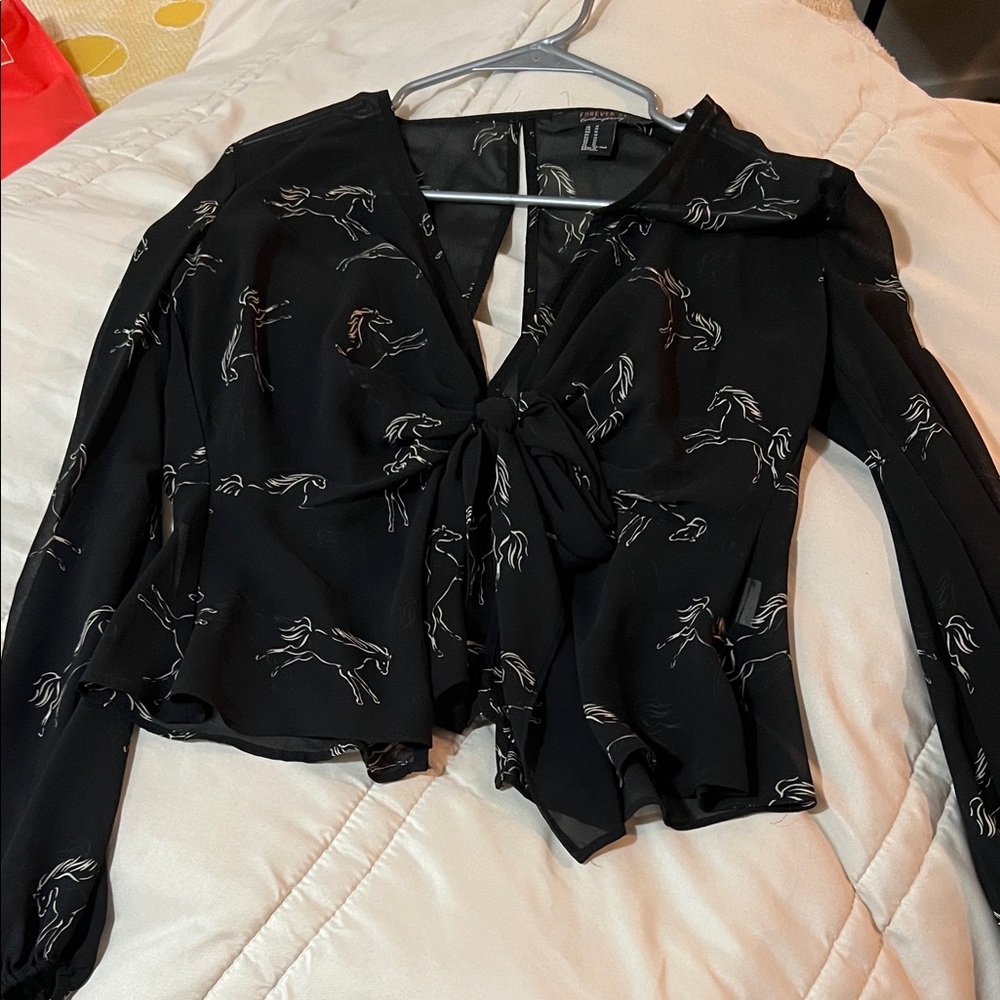 Forever 21 Black Blouse with White Horse Print